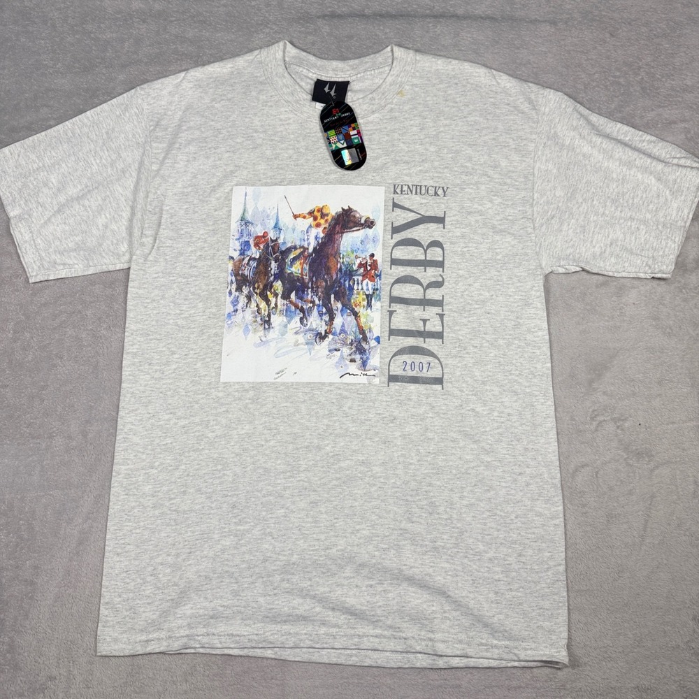Kentucky Derby T-Shirt Mens Large Grey 2007 Horse Racing Souvenir‎ NWT Stain